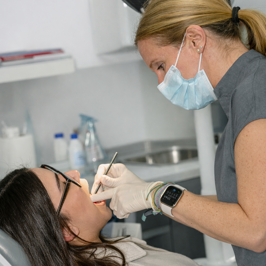 Mujer sonriente colocando un alineador transparente en sus dientes.