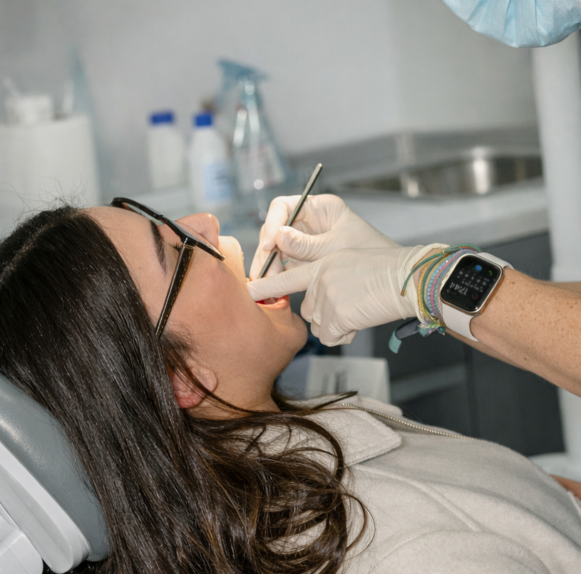 Mujer sonriente colocando un alineador transparente en sus dientes.